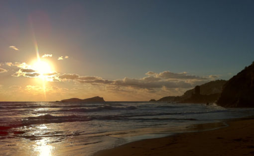 Aguis Blanca Beach, Ibiza. Scene of sky, sun, sea and sand.  